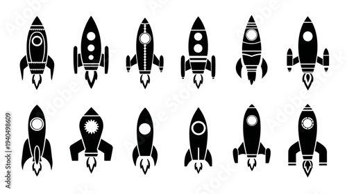 Diverse set of black rocket icons, spaceship silhouettes with flames, symbolizing startup success, space exploration, and innovation