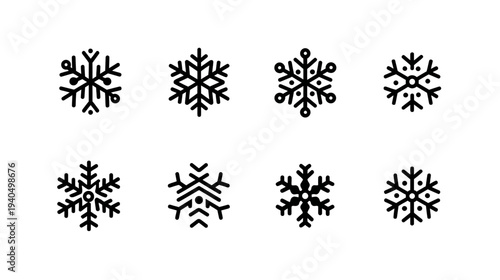 Vector outline snowflake icons set. Minimalist Christmas winter symbols collection. Modern geometric snow crystals for design.