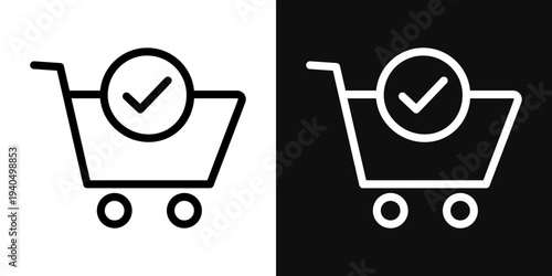 Shopping cart and check mark icons set in black and white thin line stroke