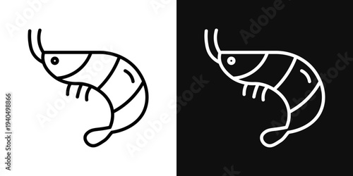 Shrimp icons set in black and white thin line stroke