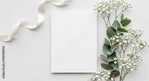 Blank greeting card with eucalyptus and silk ribbon, minimalist stationery mockup concept