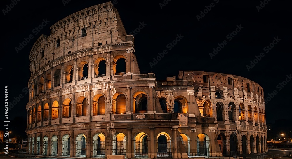 Fototapeta premium A detailed view of a historical Roman amphitheater at night, featuring illuminated arches and architectural details against a dark sky