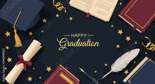 Elegant Graduation Celebration Banner with Academic Symbols and Festive Decorations for Successful Students and Future Endeavors