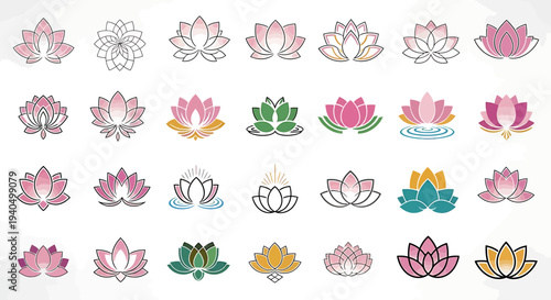 Diverse collection of elegant lotus flower illustrations, featuring various styles and colors, perfect for spiritual, wellness, and beauty projects with serene graphic elements