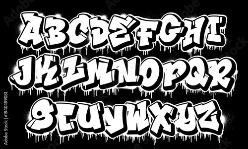 Graffiti Drip Font - White Street Art Alphabet with Paint Dripping Effect on Black Background