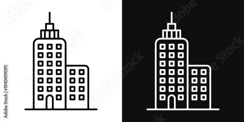 Tall buildings icons set in black and white thin line stroke