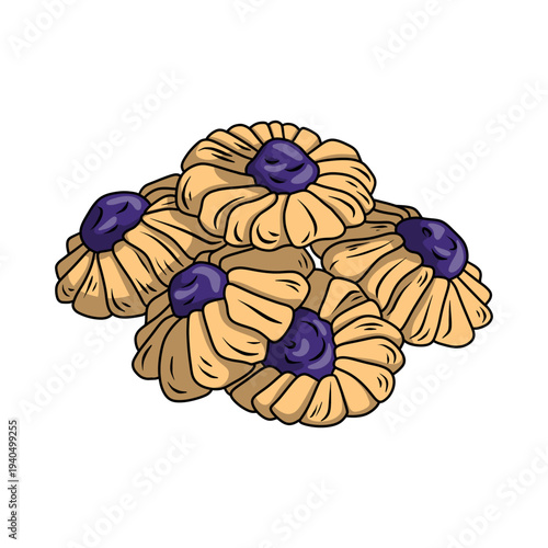 Pile of freshly baked traditional cookies with purple blueberry jam filling.