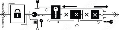 Cybersecurity encryption vector illustration showing padlock, cryptographic keys, data blocks, secure communication, information protection,