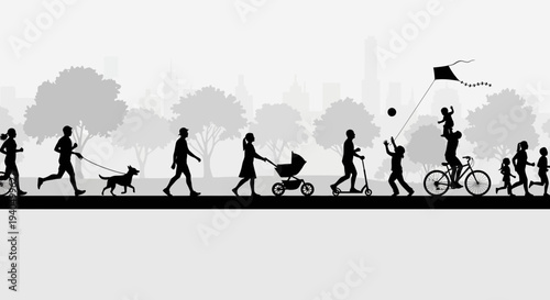 People engaging in various outdoor activities in a park.