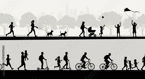 People engaging in various outdoor activities in a park.