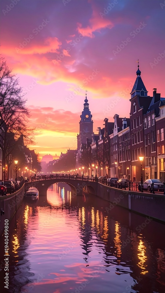 Fototapeta premium Scenic canal view with reflections of buildings and sunset sky, bridge and lights