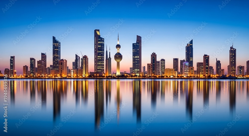 Obraz premium Kuwait City Skyline with Modern Skyscrapers Reflecting in Calm Water at Dusk
