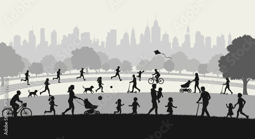 People engaging in various activities in a city park with a city skyline.