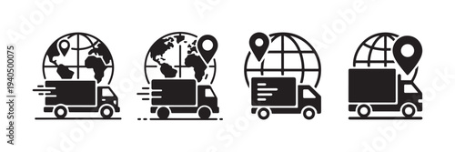 Worldwide shipping truck vector Icon. Globe map and location marker logistics delivery. Illustration eps
