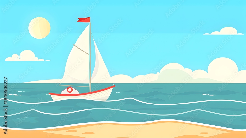 Naklejka premium Charming flat style illustration of a sailboat at sea on a sunny day