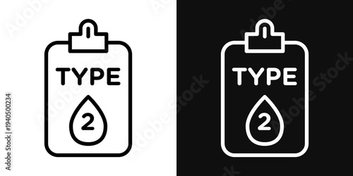 Type 2 diabetes icons set in black and white thin line stroke