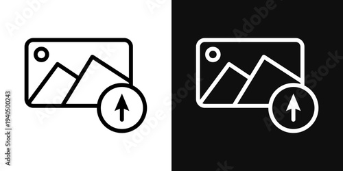 Upload photo icons set in black and white thin line stroke