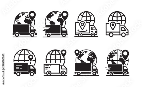 International logistics delivery truck with world map location pin icon set for shipping service