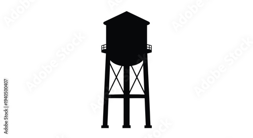 A stark black water tower stands against a white background silhouette
