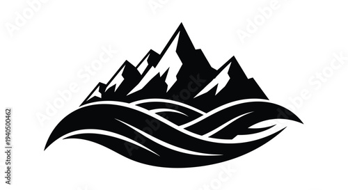 Mountain range and ocean waves depicted in a striking silhouette