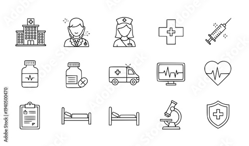 Healthcare and Medical Services Thin Line Icon Set with Hospital Doctor Vaccination and Patient Care Vector Icons