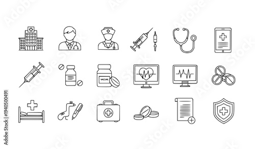 Thin Line Healthcare Medical Icon Set with Hospital Doctor Vaccine Diagnosis and Patient Care Outline Symbols