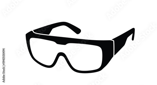 Black safety goggles depicted in a stark minimalist silhouette