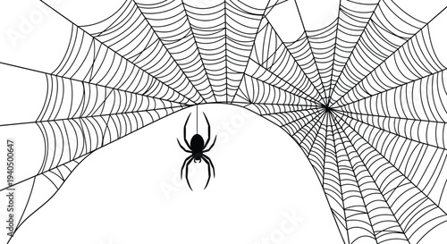 A detailed spiderweb with a black spider a striking silhouette