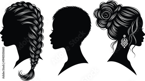Female hairstyle silhouettes collection showing braid short hair and elegant bun profile portraits beauty salon fashion vector illustration