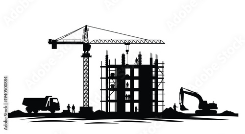 Construction site with crane building and workers a black silhouette