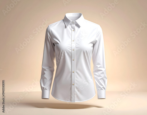 Crisp white collared shirt, tailored fit, gold button accents