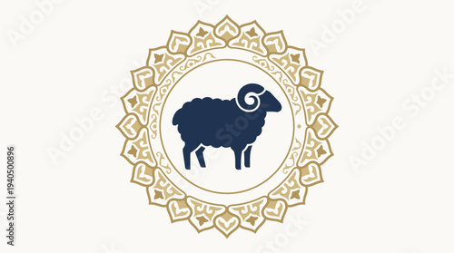 A symbolic ram stands within an ornate gold mandala design