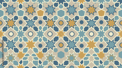 Vibrant star patterns unfold in intricate tile design on wall