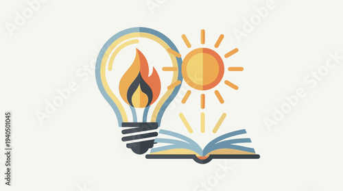 An illustration of a lightbulb with a flame and sun shining on an open book