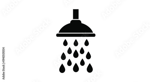 Black showerhead with water droplets falling a minimalist silhouette