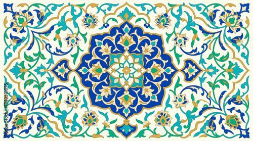 Intricate floral pattern with geometric shapes and arabesque designs in blue and green hues, ornate decoration, traditional motif