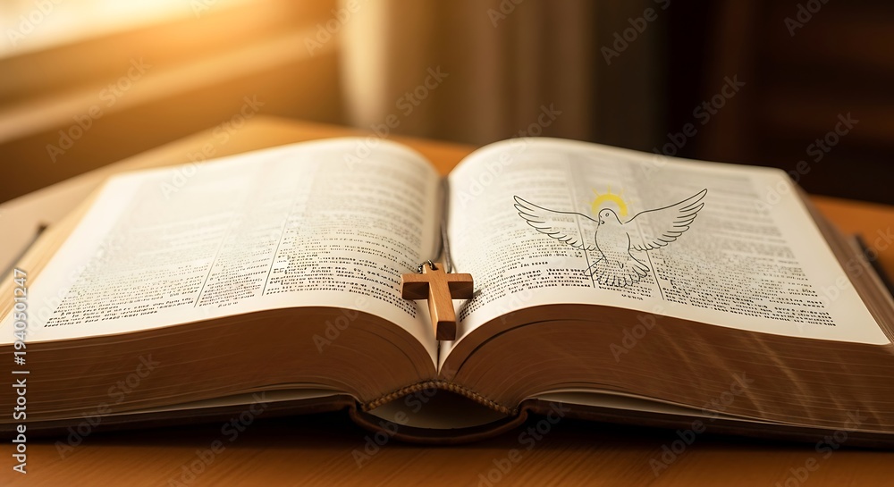 Fototapeta premium Open Bible with Cross on Wooden Table.