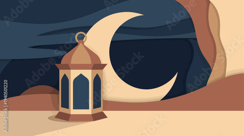 A serene desert landscape with lantern and crescent moon, viewed from a distant vantage point, illustration.