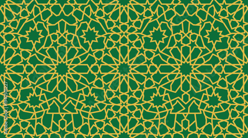 Intricate yellow floral pattern on green background, seamless design, ornate details, traditional motif, decorative art