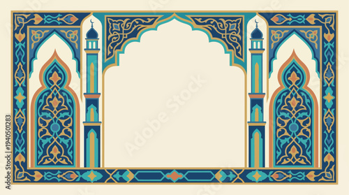 Ornate Islamic frame with intricate blue and gold archways and geometric patterns, symmetrical, illustration