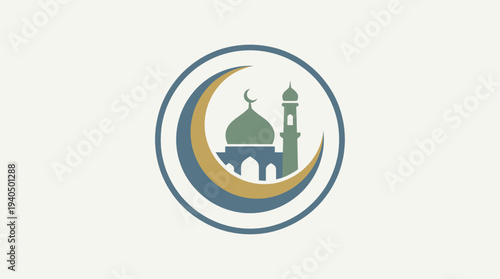 Islamic symbol illustration featuring crescent moon and mosque