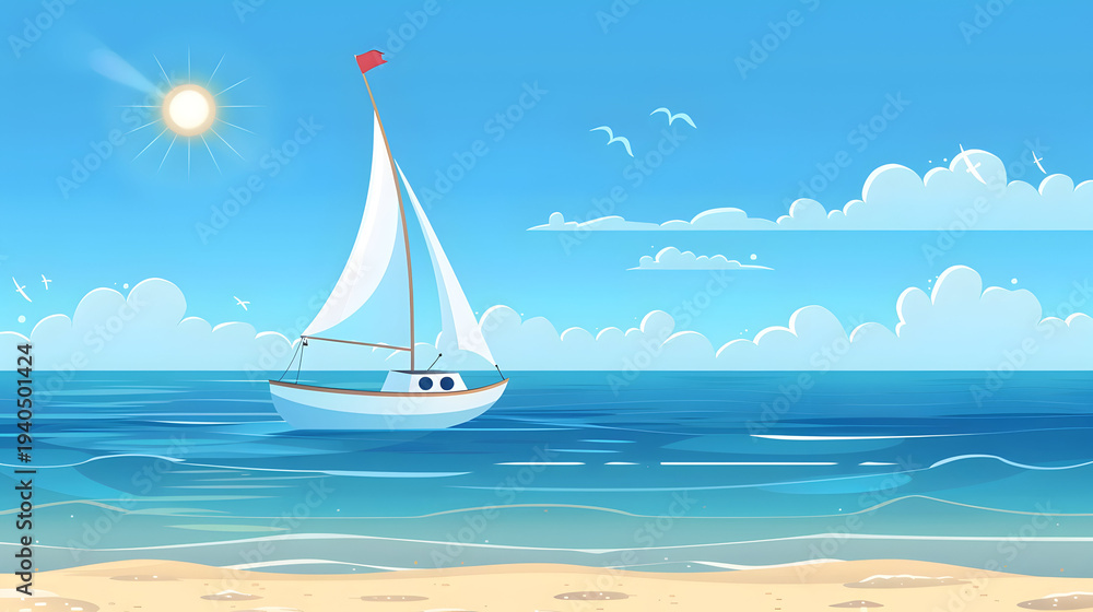 Fototapeta premium Serene seaside scene with sailboat and blue sky for nautical design
