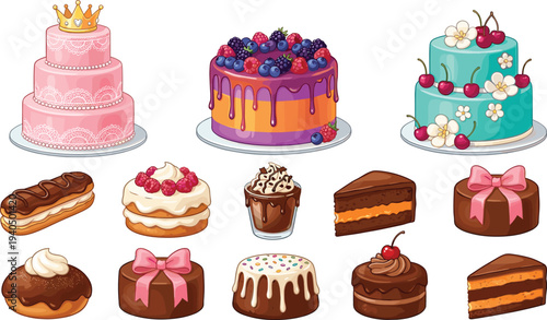 Collection of colorful cakes pastries and desserts with berries chocolate icing and decorations sweet bakery illustration isolated on white background