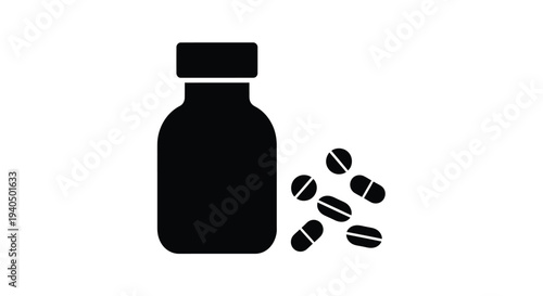 Black silhouette of a pill bottle with scattered capsules silhouette