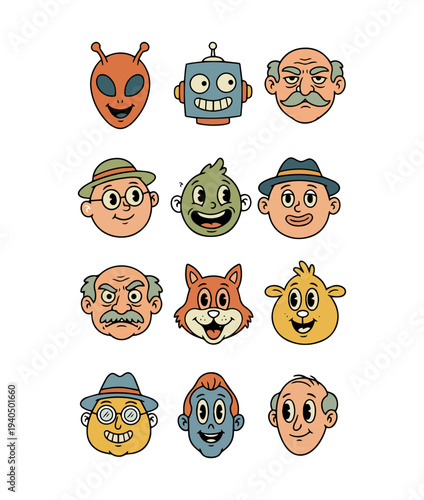 Cute Cartoon Character Faces Set – Funny Avatars, Alien, Robot, Animal Heads Illustration