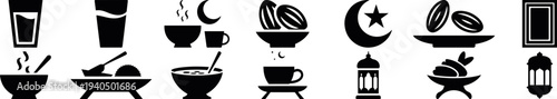 traditional islamic food icon set ramadan meal symbols vector, muslim iftar dinner food silhouette collection for fasting month, middle eastern cuisine icons tea bowl lantern moon set