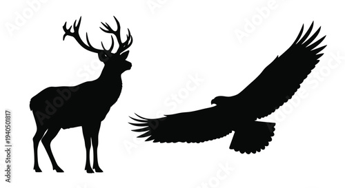 A majestic deer and soaring eagle in striking black silhouette
