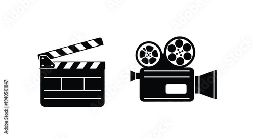 Film clapperboard and vintage camera icons presented as a silhouette