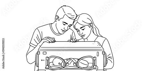 Parents Watching Baby in NICU Incubator Silhouette