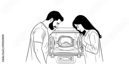 Parents Watching Baby in NICU Incubator Silhouette